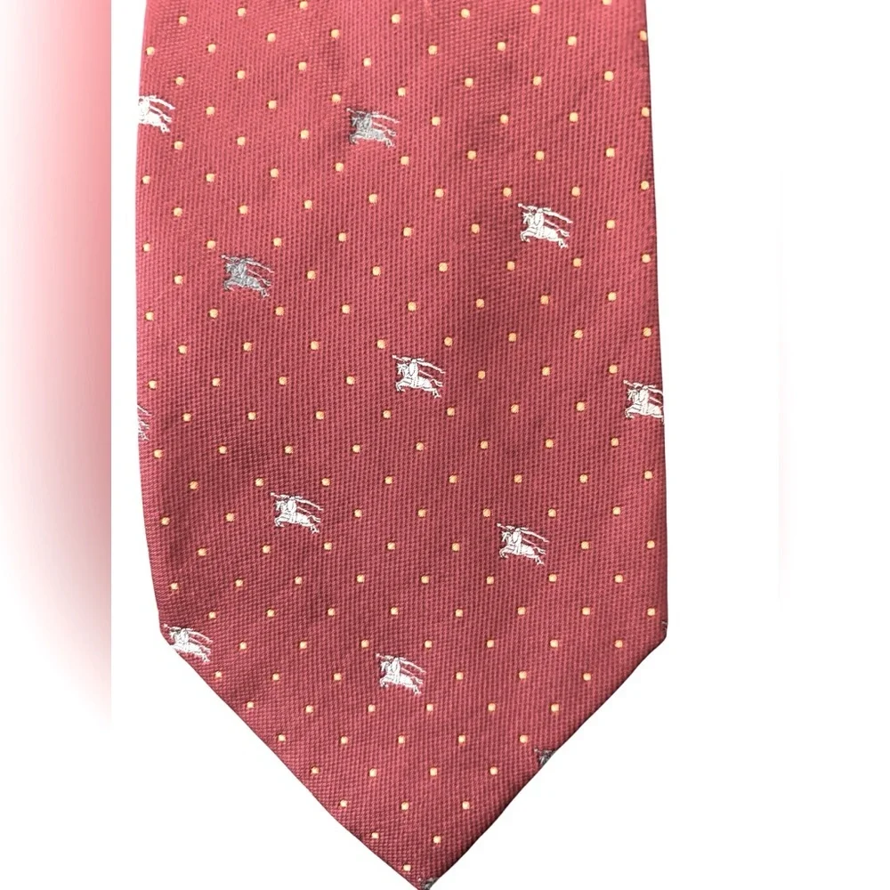 VTG Burberry London Silk Neck Tie Wide 4” Dark Red Burgundy Knight Gold Dots